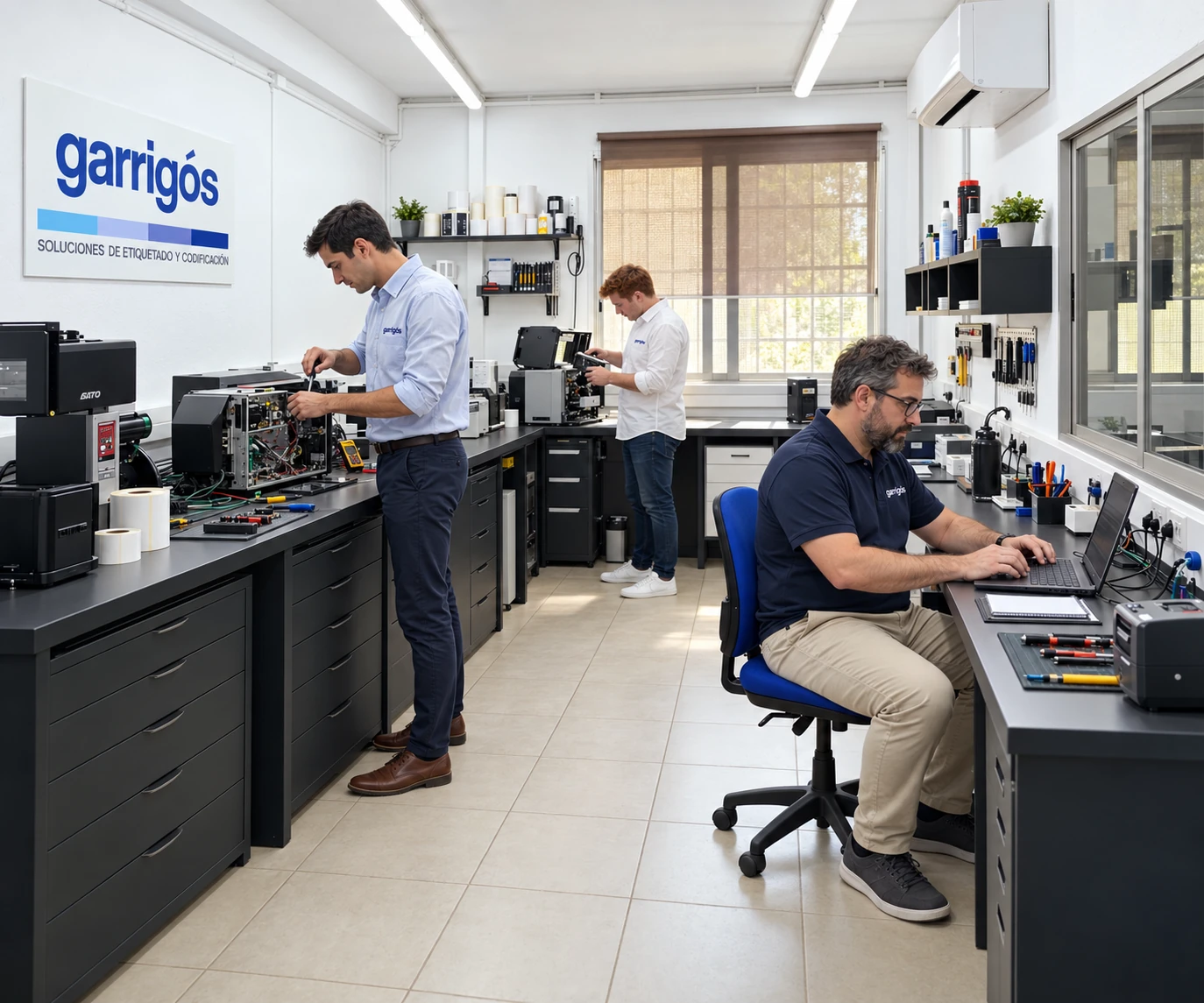 Equipo de asistencia técnica de Garrigós reparando impresoras en el taller