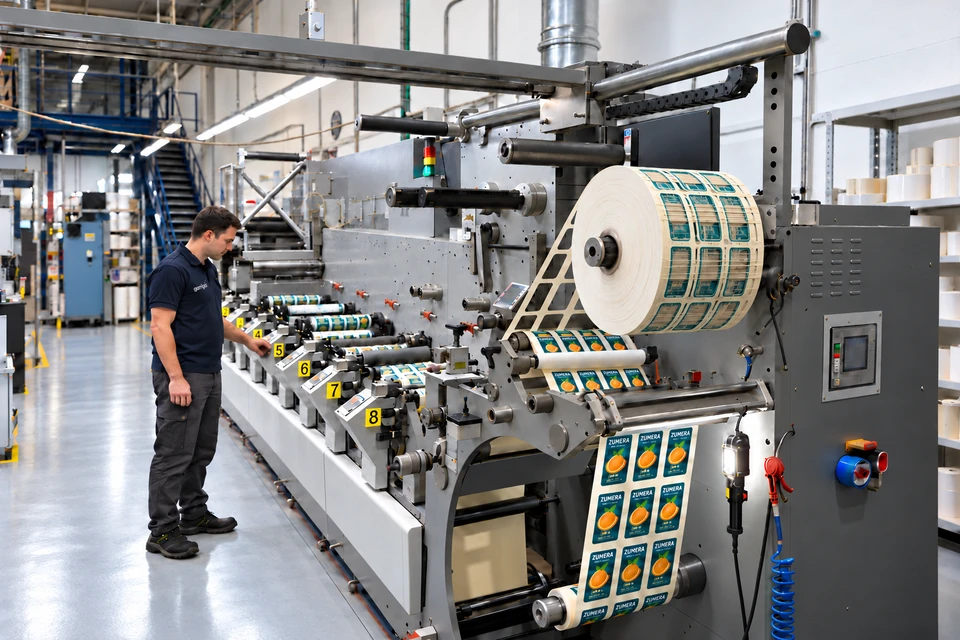 Operario de Garrigós atendiendo a la máquina de flexografía