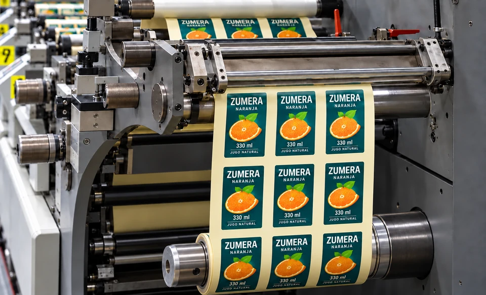 Detalle de las etiquetas ZUMERA y su bobinado en la máquina de flexografía