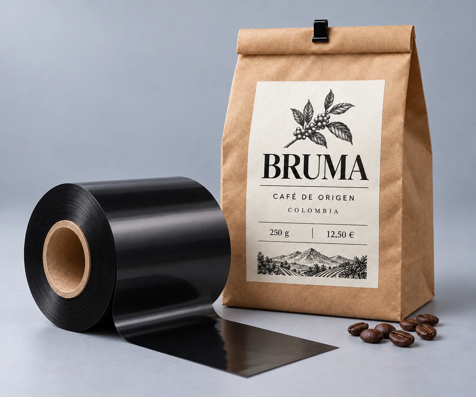 Ribbon de cera junto a una bolsa de café con etiqueta de papel impresa en negro