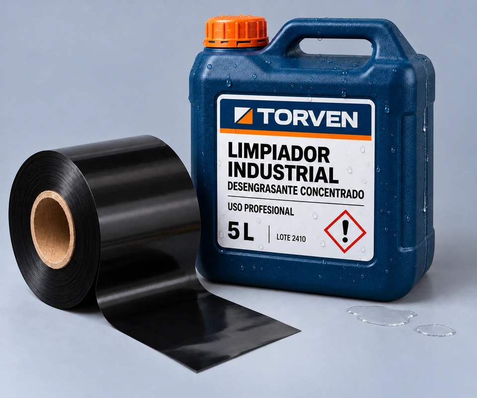 Ribbon de resina junto a un bidón de limpiador industrial con etiqueta sintética
