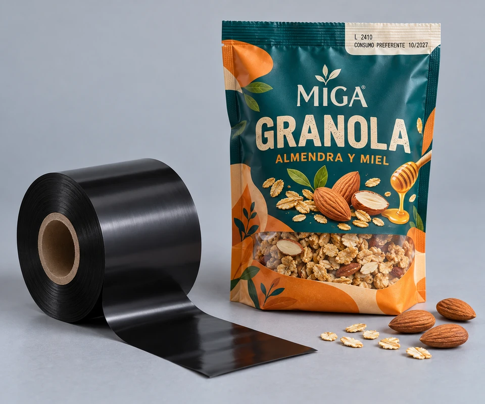 Ribbon TTO junto a un envase de granola con marcado de lote y consumo preferente