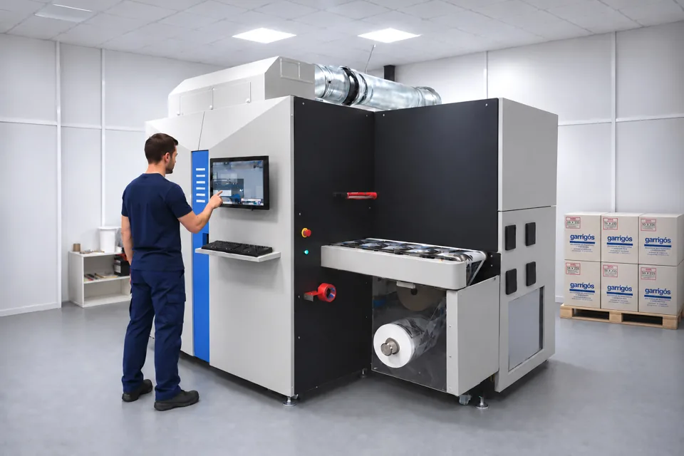 Máquina de impresión digital de Garrigós con operario y cajas