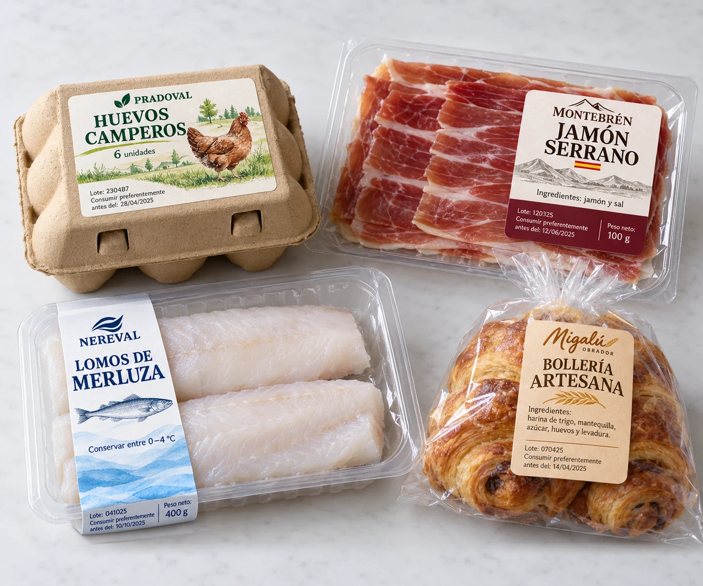Productos de alimentación con sus etiquetas