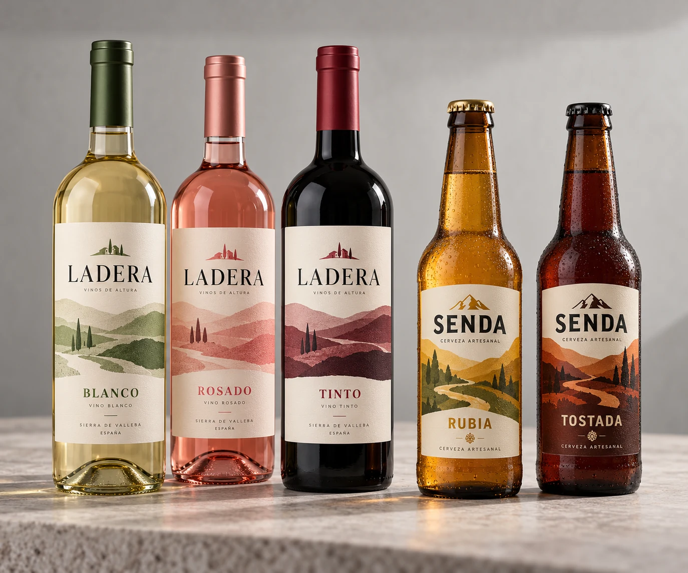Botellas de vino y cerveza con etiquetas LADERA y SENDA