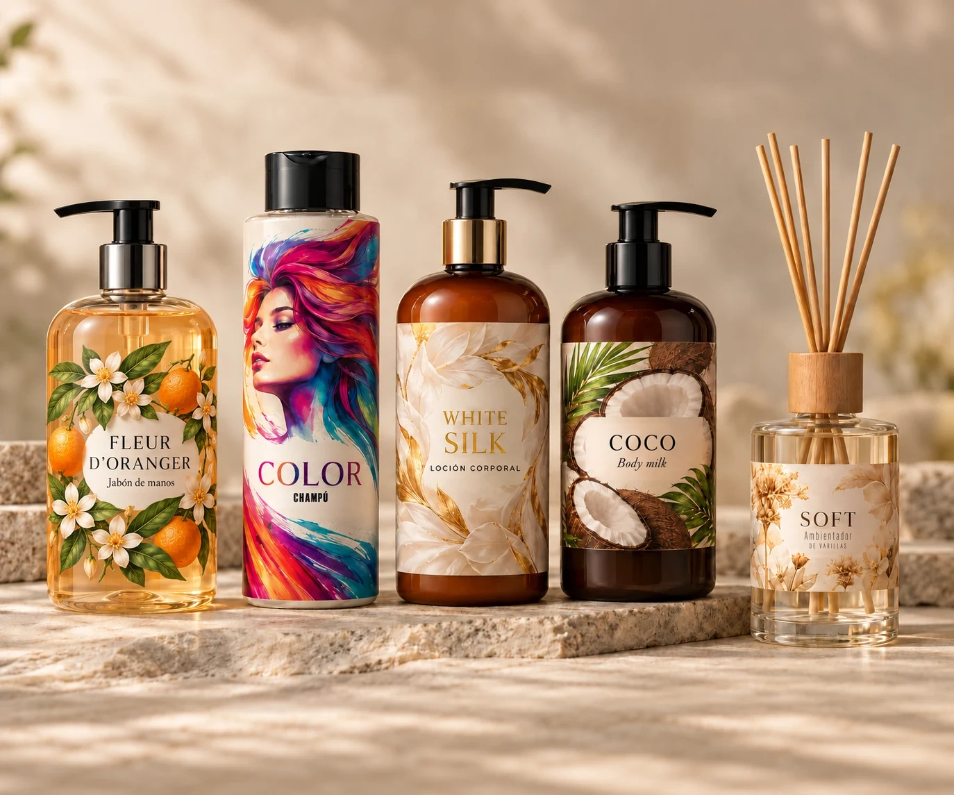 Productos cosméticos con etiquetas y azahar