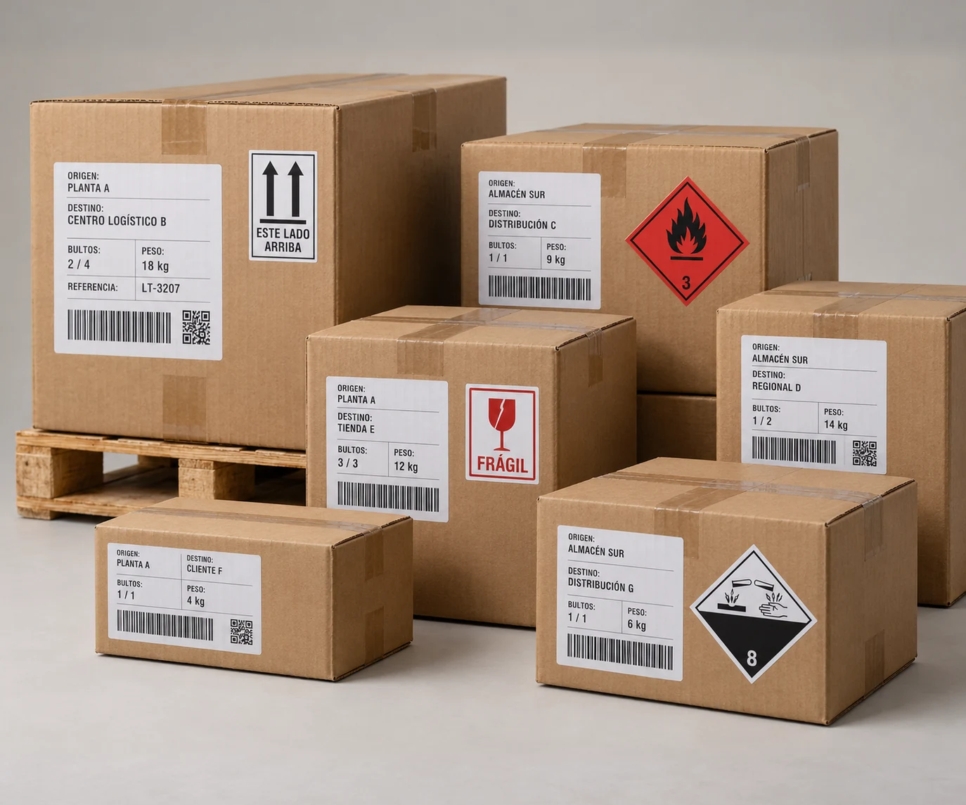 Cajas de envío con etiquetas de logística y ADR